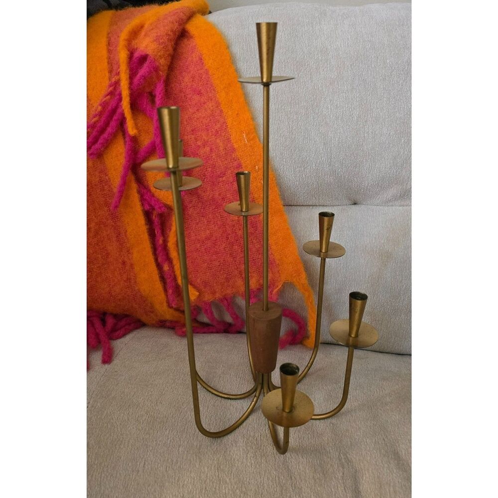 MCM Vintage Brass Gunnar Ystad 7 Stem Candle Holder